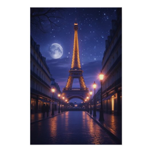 Moonlit Paris – Romantic Eiffel Tower Night Poster ポスター (正面)