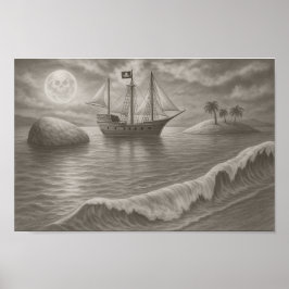 Moonlit Pirate Ship Drawing – Nautical Fantasy ポスター