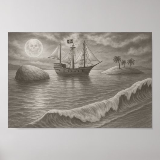 Moonlit Pirate Ship Drawing – Nautical Fantasy ポスター (正面)