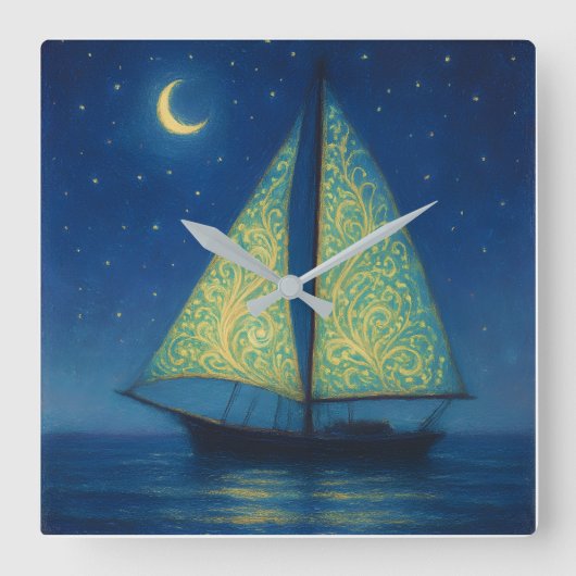 Moonlit Sailboat - Pastel Painting Style Night Art スクエア壁時計 (正面)