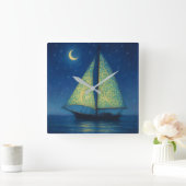 Moonlit Sailboat - Pastel Painting Style Night Art スクエア壁時計 (ホーム)