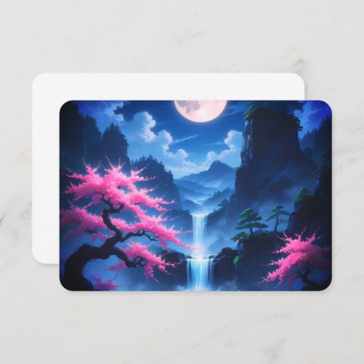 Moonlit Sakura & Waterfall Japanese RSVP Card - El (正面/裏面)