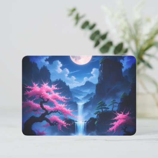 Moonlit Sakura & Waterfall Japanese RSVP Card - El (スタンド正面)