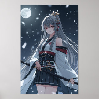 Moonlit Snow Samurai — Elegant Anime Girl Warrior ポスター