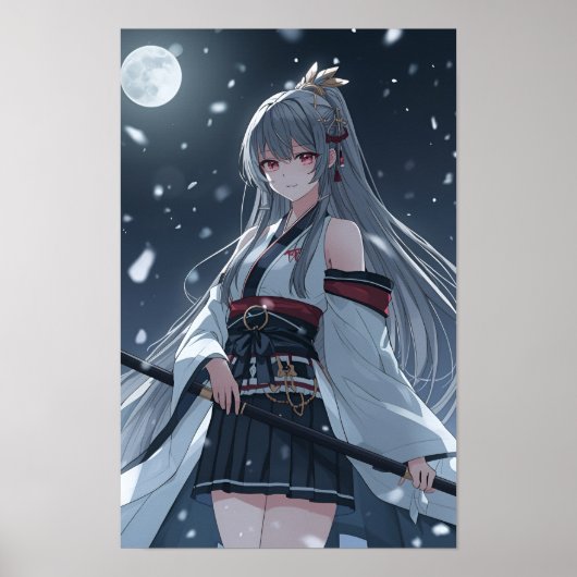 Moonlit Snow Samurai — Elegant Anime Girl Warrior ポスター (正面)