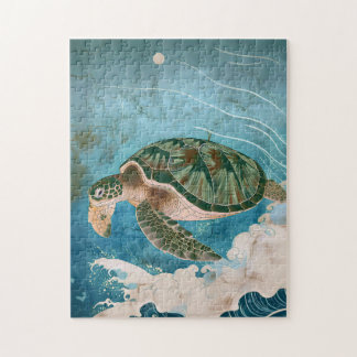 Moonlit Waves - Sea Turtle, Japanese Art ジグソーパズル