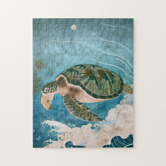 Moonlit Waves - Sea Turtle, Japanese Art ジグソーパズル (縦)