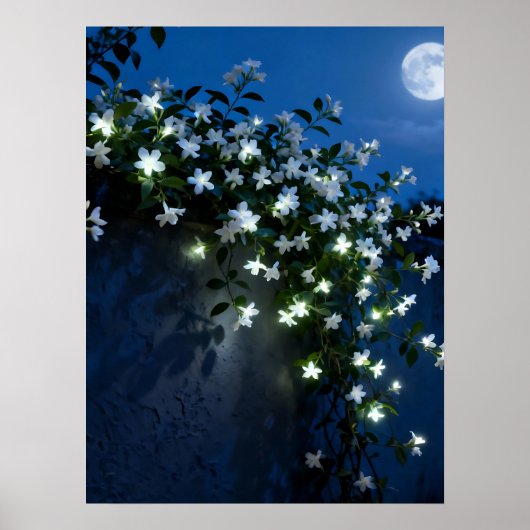 Moonlit White Flowers Vine Art ポスター (正面)