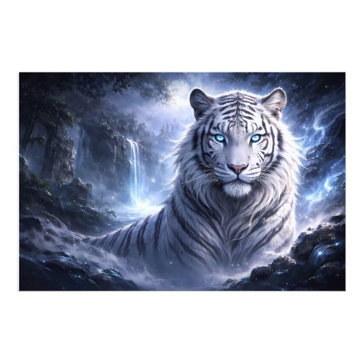 Moonlit White Tiger Guardian – Blue Fantasy Spirit フォトプリント (正面)
