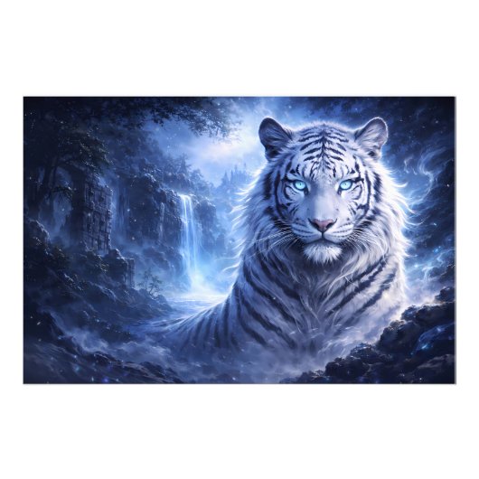 Moonlit White Tiger Guardian – Blue Fantasy Spirit フォトプリント (正面)