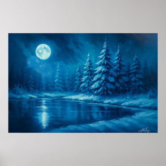 Moonlit Winter Forest by a Lake ポスター (正面)