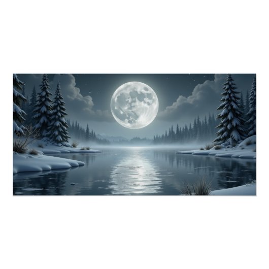Moonlit Winter Lake – Serene Night Landscape Art ポスター (正面)