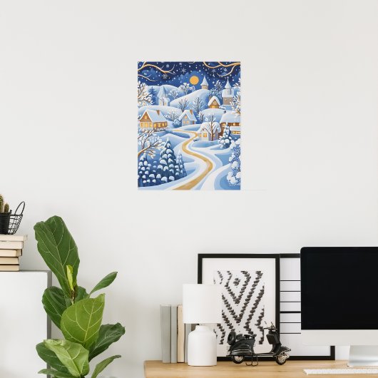 Moonlit Winter Village with Snowy Pathway ポスター (ホームオフィス)