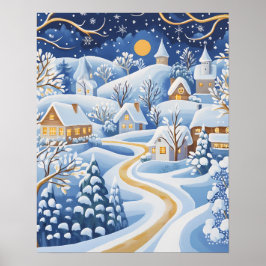 Moonlit Winter Village with Snowy Pathway ポスター
