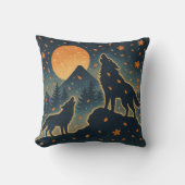 Moonlit Wolves & Mount Fuji – Japanese Night Art クッション (正面)