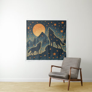 Moonlit Wolves & Mount Fuji – Japanese Night Art  タペストリー