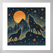 Moonlit Wolves & Mount Fuji – Japanese Night Art ポスター (正面)