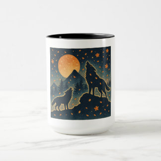 Moonlit Wolves & Mount Fuji – Japanese Night Art  マグカップ
