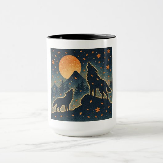 Moonlit Wolves & Mount Fuji – Japanese Night Art マグカップ (中央)