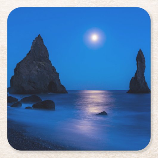 Moonrise Reflection | Iceland, Reynisdrangur スクエアペーパーコースター (正面)