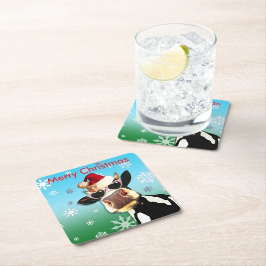 Moooootifulのクリスマス牛サンタの帽子 スクエアペーパーコースター (インサイチュ)