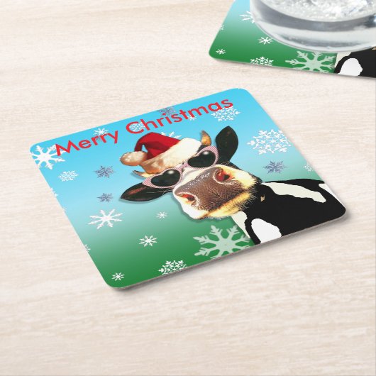 Moooootifulのクリスマス牛サンタの帽子 スクエアペーパーコースター (アングル)