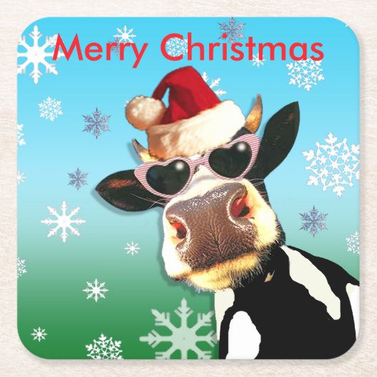 Moooootifulのクリスマス牛サンタの帽子 スクエアペーパーコースター (正面)
