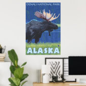 Moose at Night – アラスカ州デナリ・ナットル公園 ポスター (ホームオフィス)