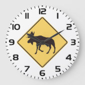 Moose Crossing Road Sign Wildlife Safety ラージ壁時計 (正面)