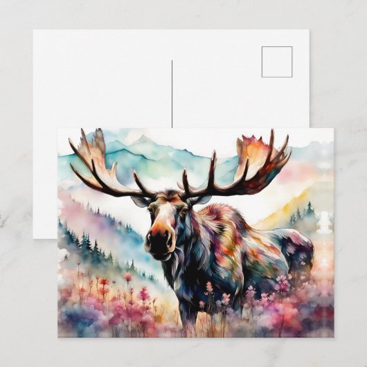 Moose in Wildflowers watercolor シーズンポストカード (正面/裏面)