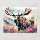 Moose in Wildflowers watercolor シーズンポストカード (正面)