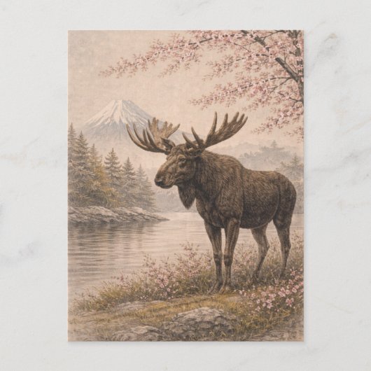 Moose Postcard, Canadian Wildlife Art Card, Forest ポストカード (正面)