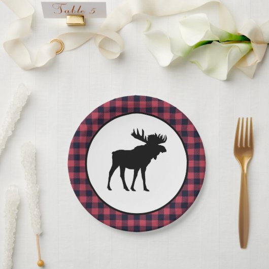Moose Silhouette Plaid Wilderness Mountain ペーパープレート (ウェディング)