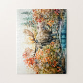 Moose standing in pond among plants ジグソーパズル (縦)