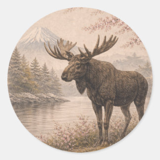 Moose Sticker, Japanese Landscape Wildlife Art, ラウンドシール