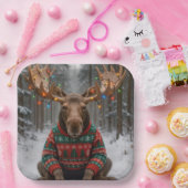 Moose Wearing Ugly Christmas Sweater ペーパープレート (パーティー)