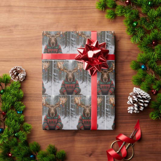 Moose Wearing Ugly Christmas Sweater ラッピングペーパー (クリスマスギフト)