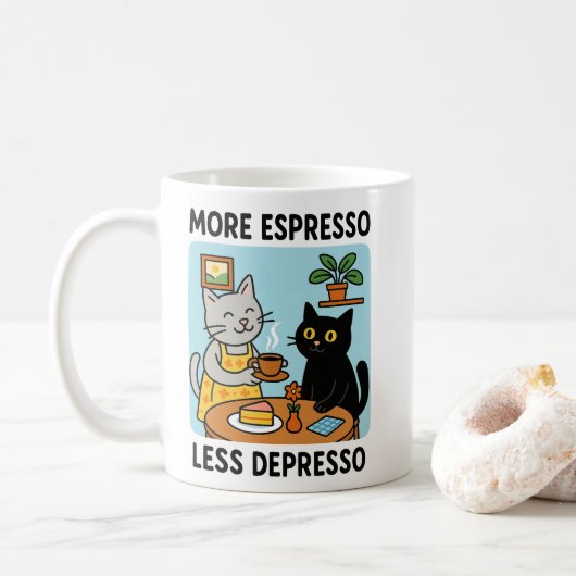 More Espresso Less Depresso Black Cat  コーヒーマグカップ (ドーナツ)