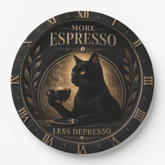 More Espresso Less Depresso Black Cat  ペーパープレート (正面)