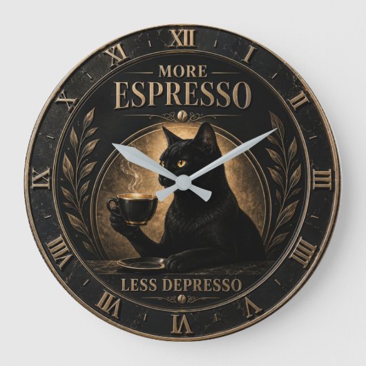 More Espresso Less Depresso Black Cat  ラージ壁時計 (正面)