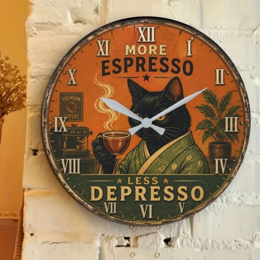 More Espresso Less Depresso Cat ラージ壁時計