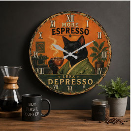 More Espresso Less Depresso Cat ラージ壁時計