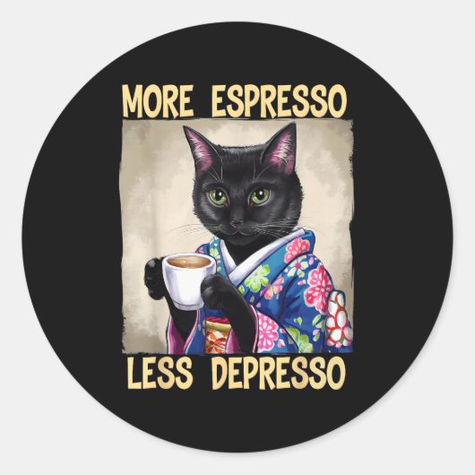 More Espresso Less Depresso Japanese Art Funny Cat ラウンドシール (正面)