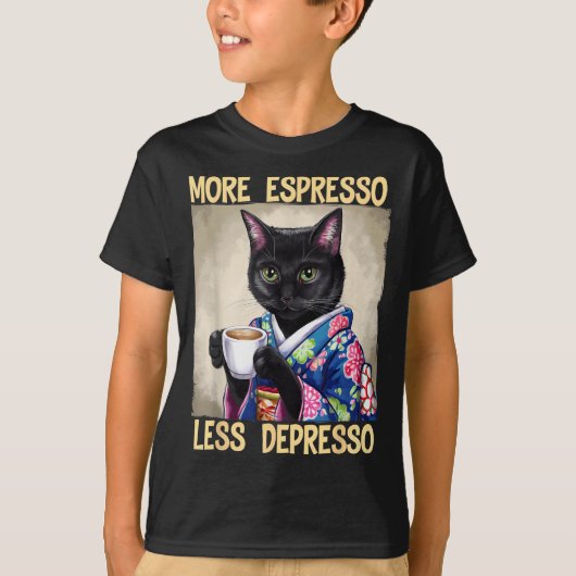 More Espresso Less Depresso Japanese Art Funny Cat Tシャツ (正面)