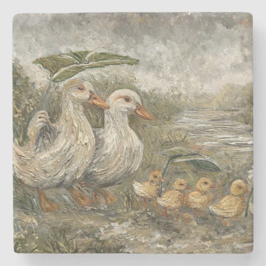 Morning Commute Whimsical Farmhouse Duck Rainy Day ストーンコースター (正面)