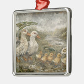 Morning Commute Whimsical Farmhouse Duck Rainy Day メタルオーナメント (左)