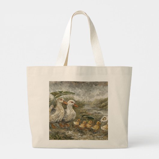 Morning Commute Whimsical Farmhouse Duck Rainy Day ラージトートバッグ (裏面)