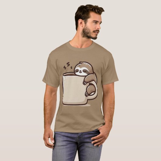 Morning Sloth – Hanging on Coffee Tシャツ (正面フル)