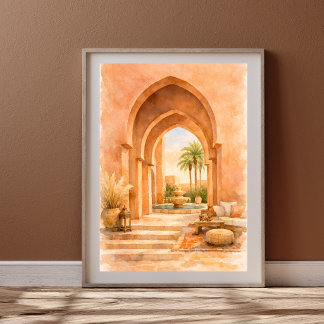 Moroccan Archway Watercolor Riad with Fountain ポスター