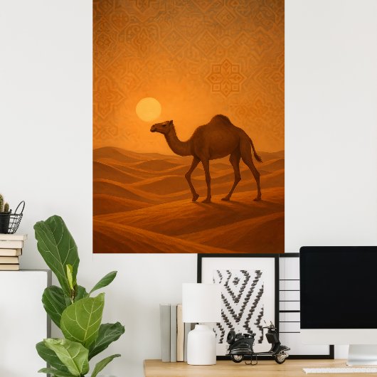 Moroccan Desert Camel Sunset Poster ポスター (ホームオフィス)